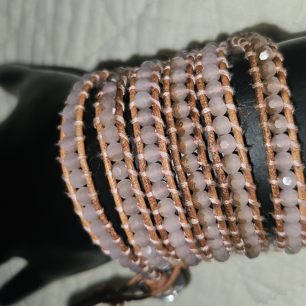 Beaded Rose Quartz wax leather Wrap Bracelet